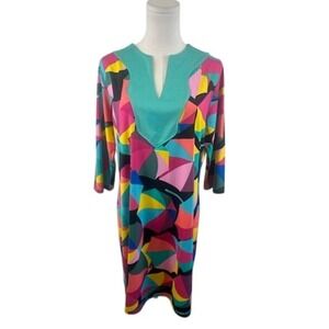 Tracy Negoshian Sunshade Geometric Print Dress Colorful V Neck‎ Size Large